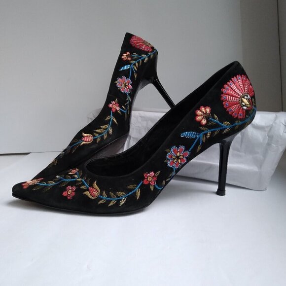 Vintage Beverly Feldman Black Floral Embroidered Pumps with Shiny Heels sz10M - Picture 1 of 10